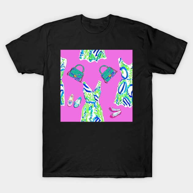 Preppy dresses, shoes and bags on hot pink T-Shirt by SophieClimaArt